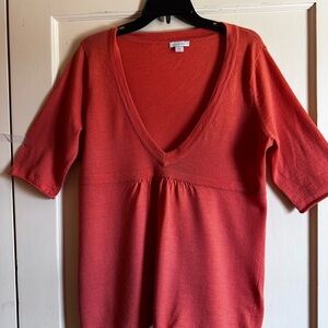 Garnet Hill Merino Wool Deep V-Neck Burnt Orange Sweater size Small